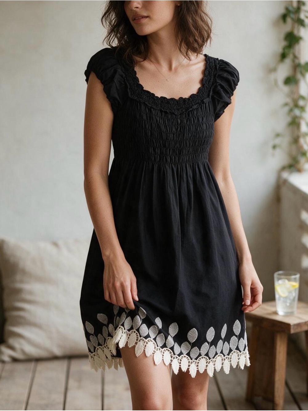 Max Studio Black Smocked Cap-Sleeve Dress with White Leaf Hem Xl